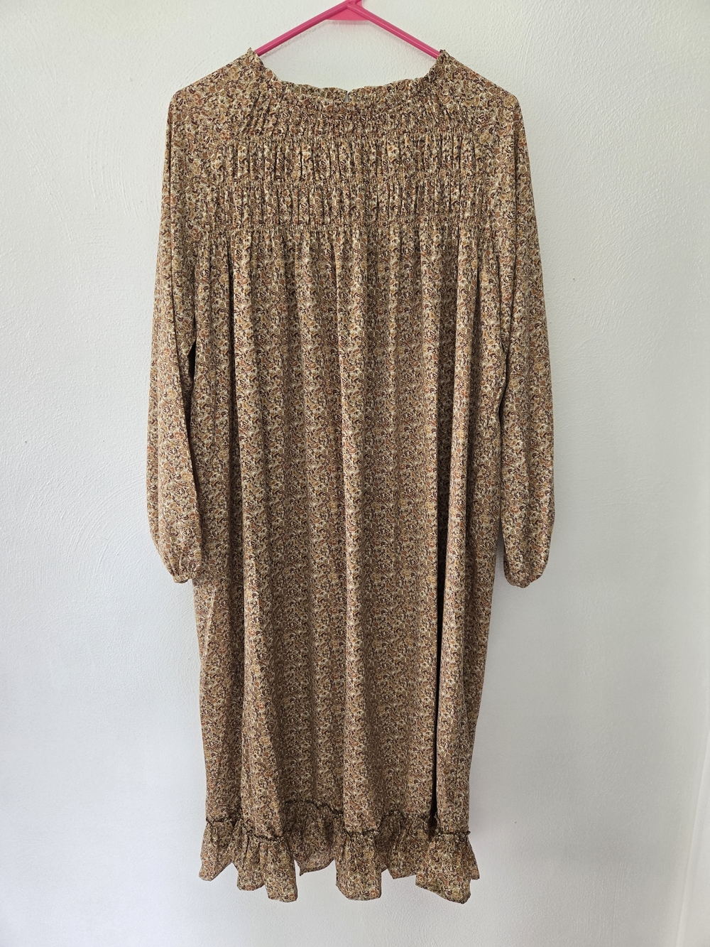 indigo soul Tan Brown Floral Smocked Midi Dress